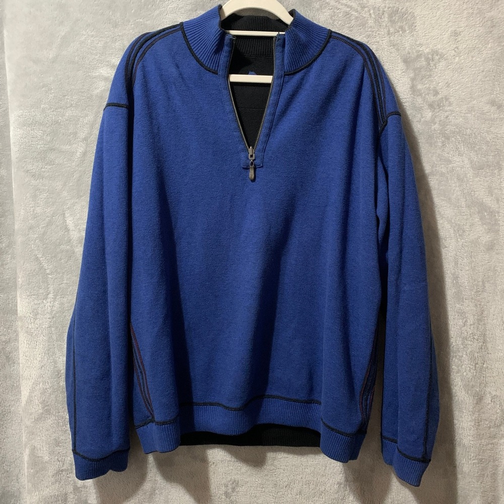 Tommy Bahama Flipshore Sweater Mens XL Black Blue 1/4 Zip‎ Pullover 100% Cotton